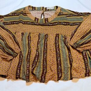 Altar'd State Boho Paisley Peplum Balloon Sleeve Blouse - Size Small